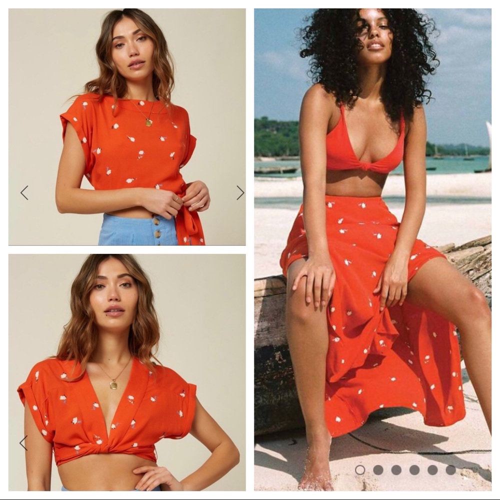 NWT O’Niell Orange floral crop top & skirt set Med